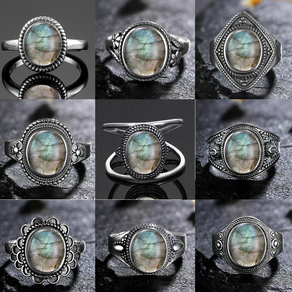 Silver Ring for Women Oval Round Natural Labradorite Ring