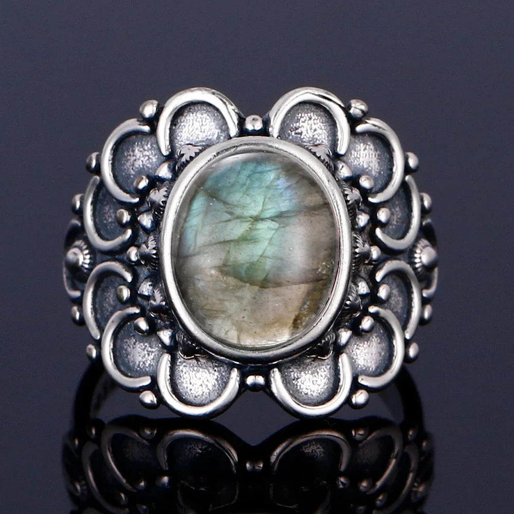 Silver Ring for Women Oval Round Natural Labradorite Ring