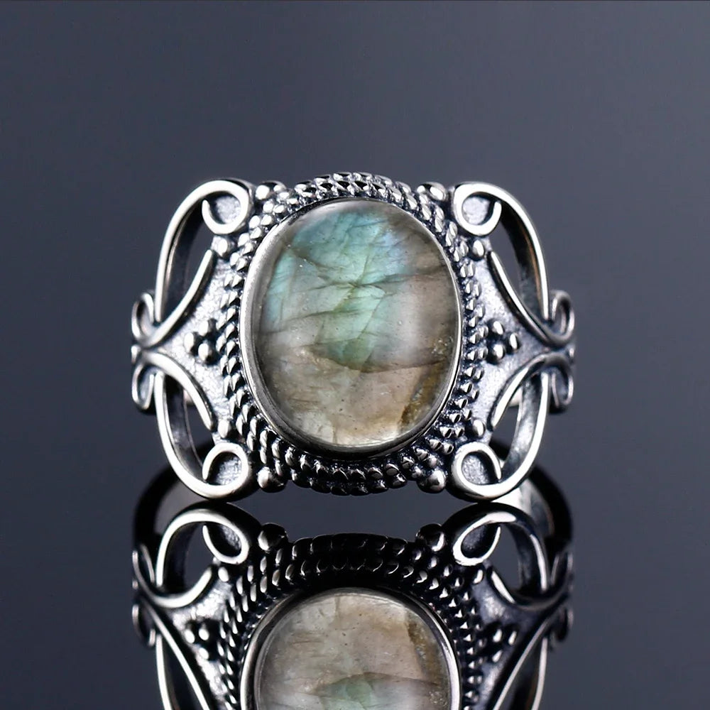 Silver Ring for Women Oval Round Natural Labradorite Ring