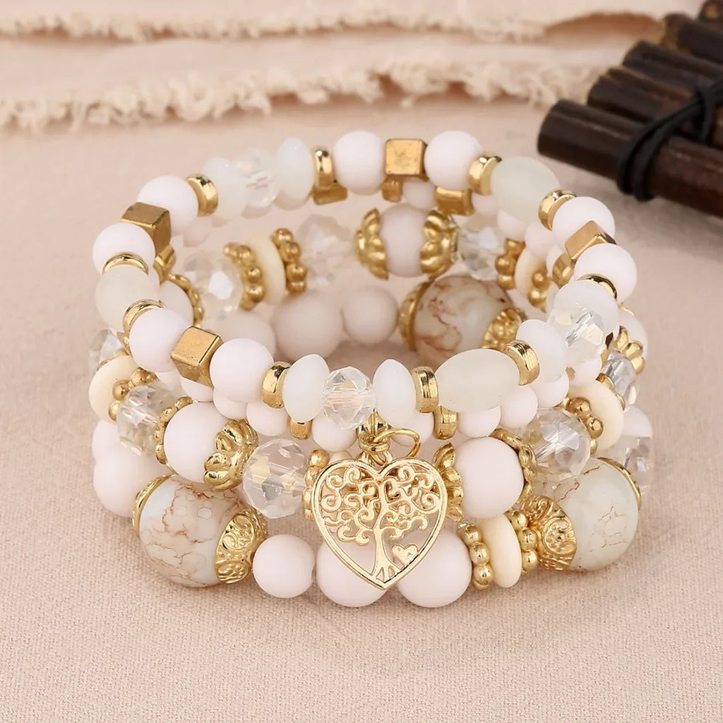 4Pcs Acrylic Beads Chain Tree Of Life Charm Elastic Bangle Female Bohemian Bracelets