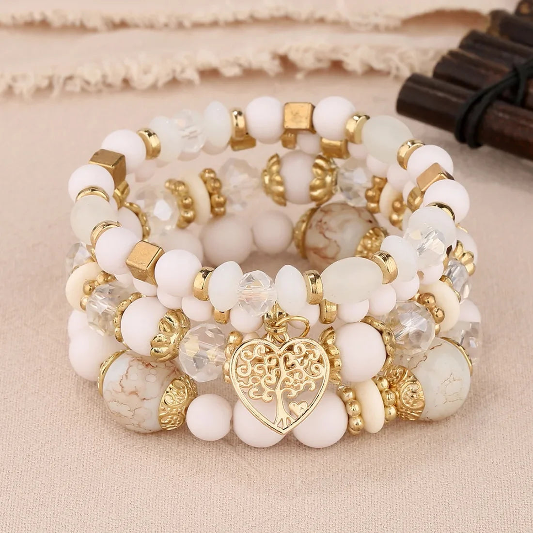 4Pcs Acrylic Beads Chain Tree Of Life Charm Elastic Bangle Female Bohemian Bracelets