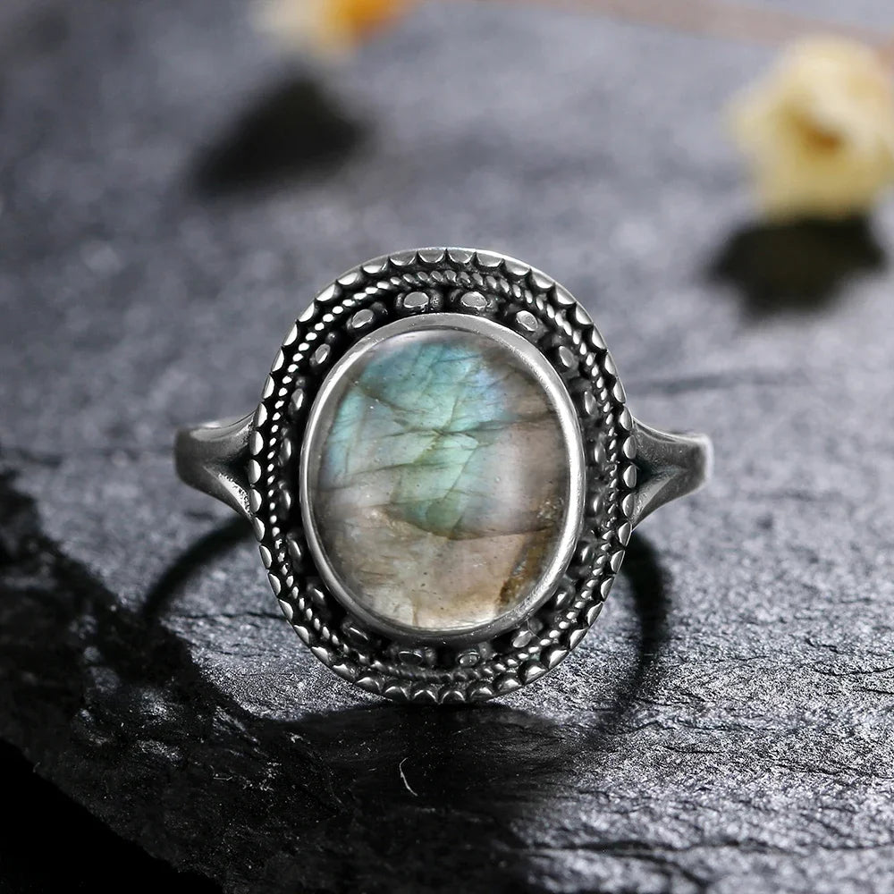 Silver Ring for Women Oval Round Natural Labradorite Ring
