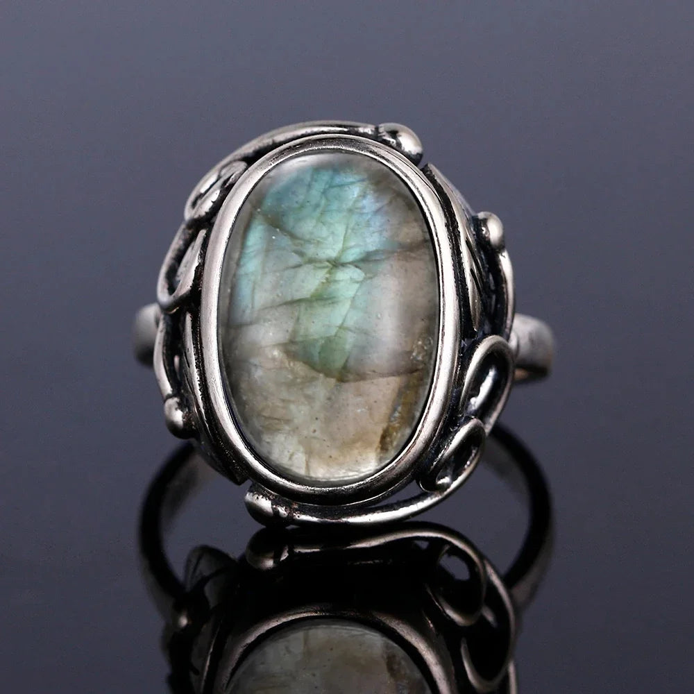 Silver Ring for Women Oval Round Natural Labradorite Ring