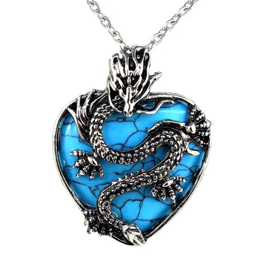 Vintage Animal Dragon Man Necklace Natural Stone Purple Crystal Heart Pendant