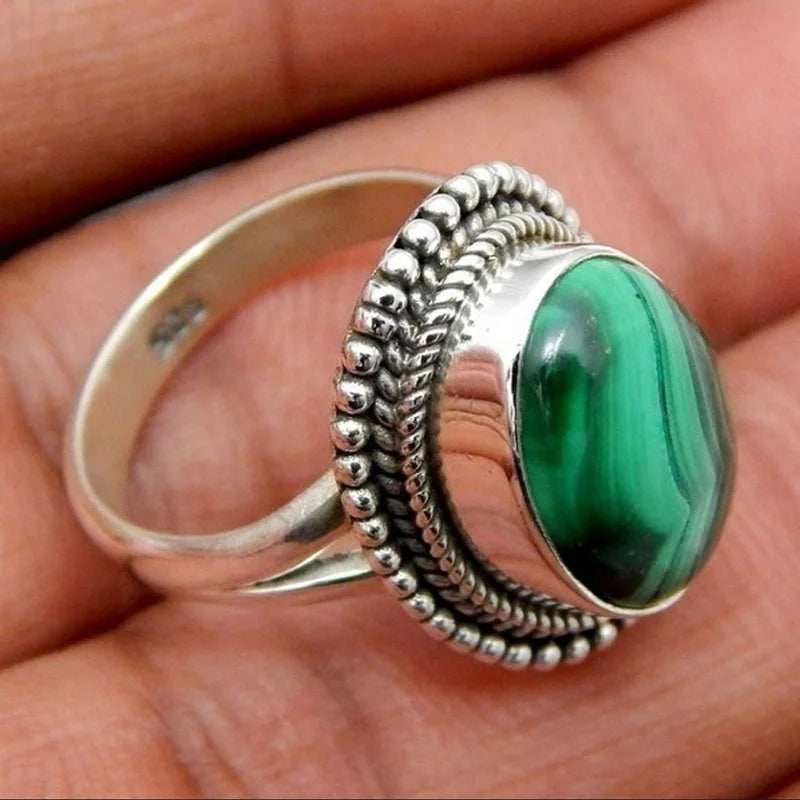 Oval Malachite Ring Antique SilverPlated Rhinestone Plum Flower Vintage Jewelry
