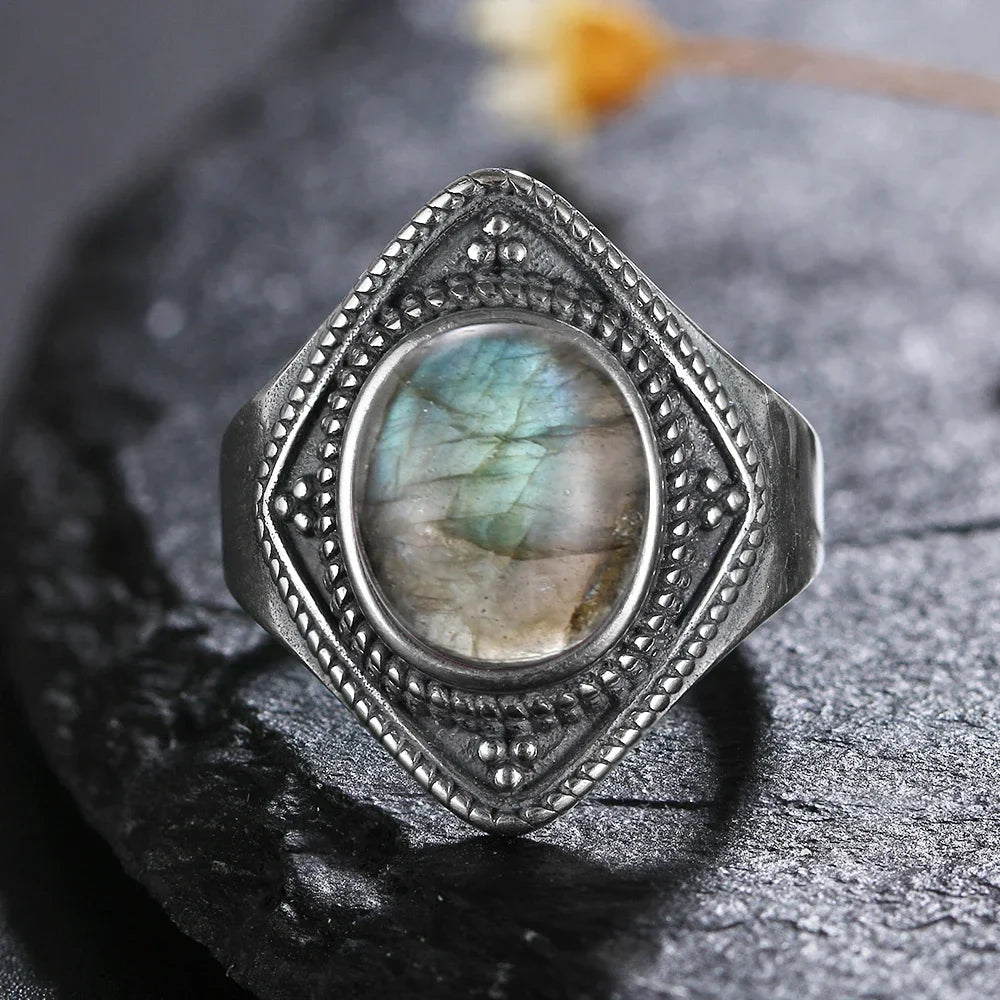 Silver Ring for Women Oval Round Natural Labradorite Ring