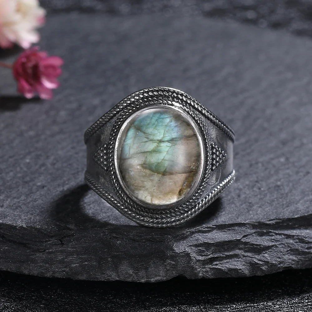 Silver Ring for Women Oval Round Natural Labradorite Ring