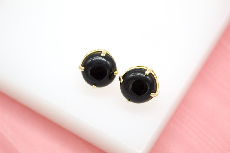 18K Gold Filled Round Natural Stone Gemstone Stud Earrings-3