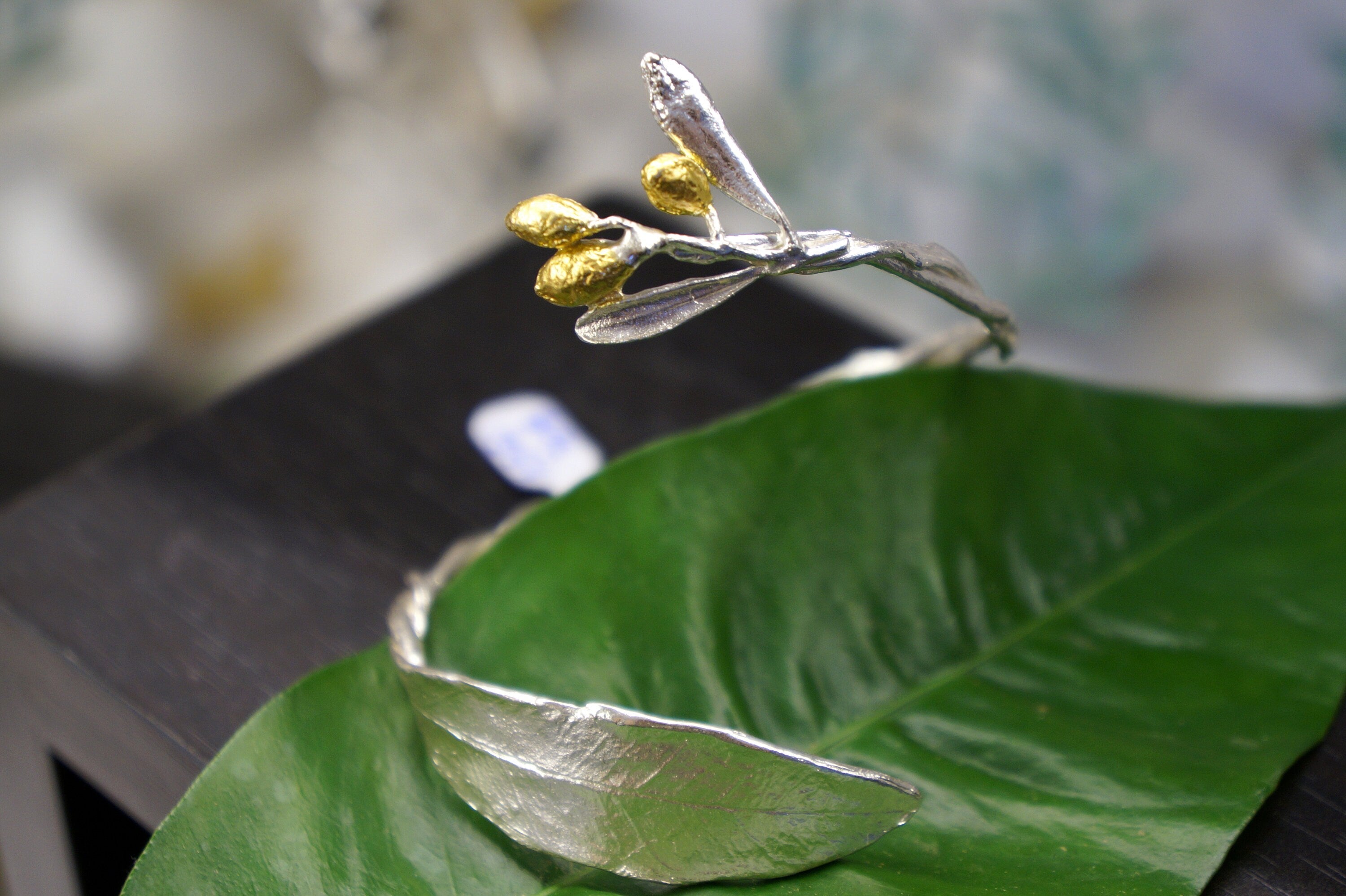 Statement Cuff Bracelet – Adjustable Olive Branch Jewelry | Gold Plated & Sterling Silver-4