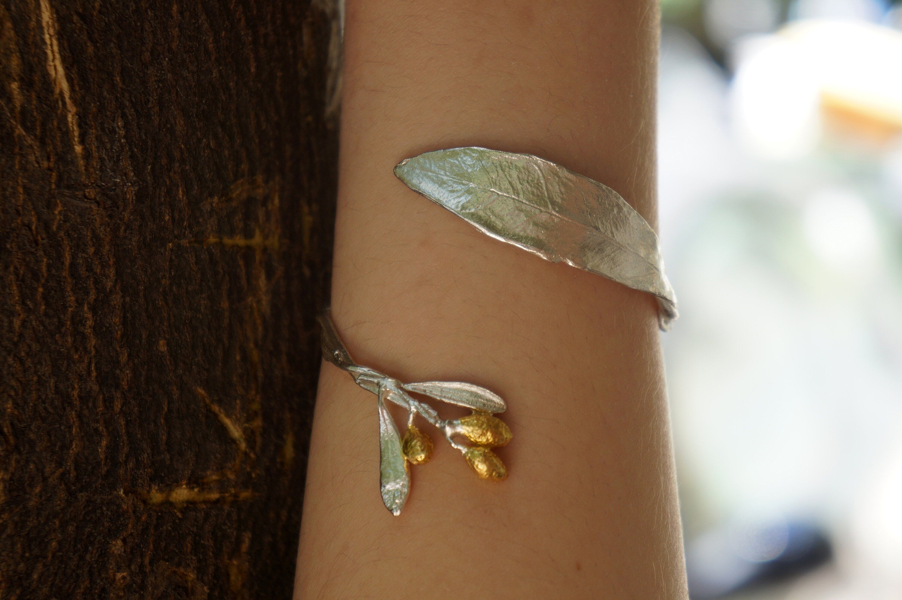 Statement Cuff Bracelet – Adjustable Olive Branch Jewelry | Gold Plated & Sterling Silver-2