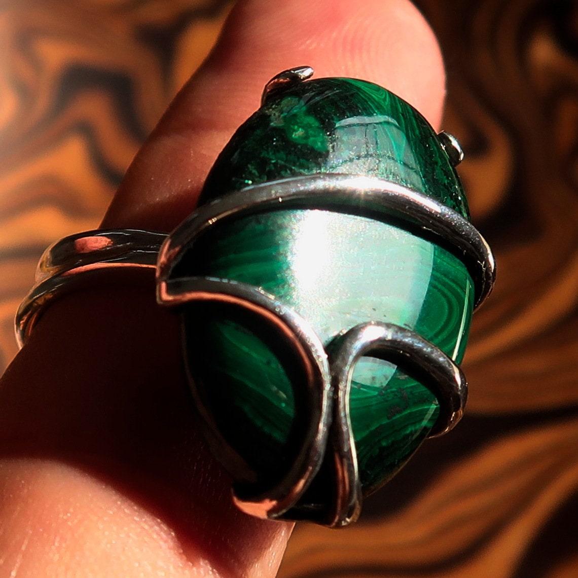 Malachite Ring, handmade silver ring, unique silver ring, Sterling Silver Ring with Green Malachite, gift for her, one of a kind - Size 9-0