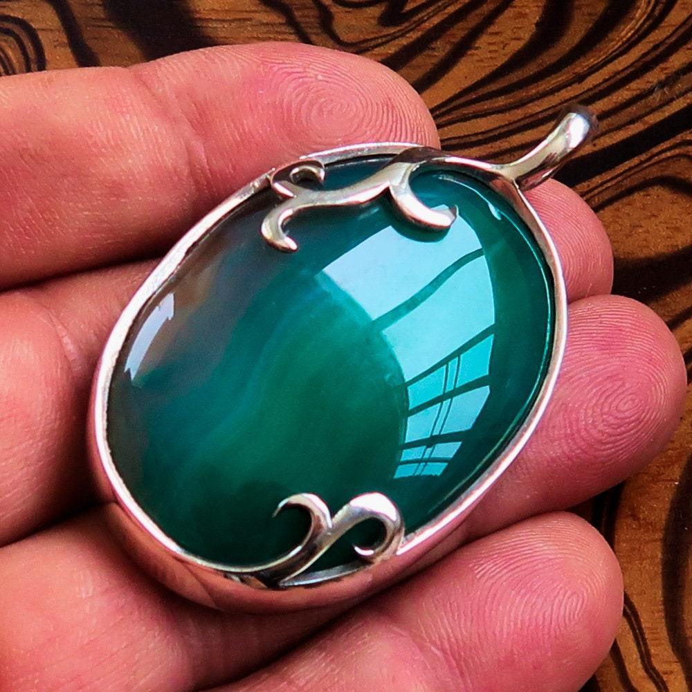 Green Agate Pendant, Sterling Silver Pendant, Artwork Pendant, green Agate cabochon, gift for her, unique design, sterling silver amulet-1