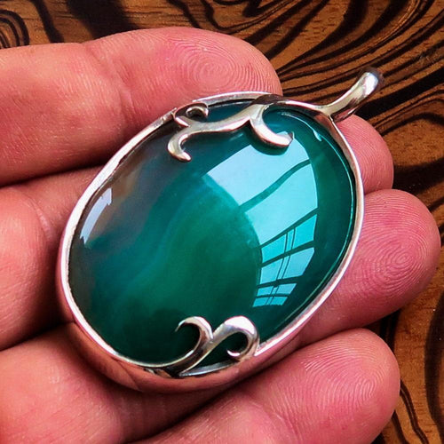 Green Agate Pendant, Sterling Silver Pendant, Artwork Pendant, green Agate cabochon, gift for her, unique design, sterling silver amulet-1