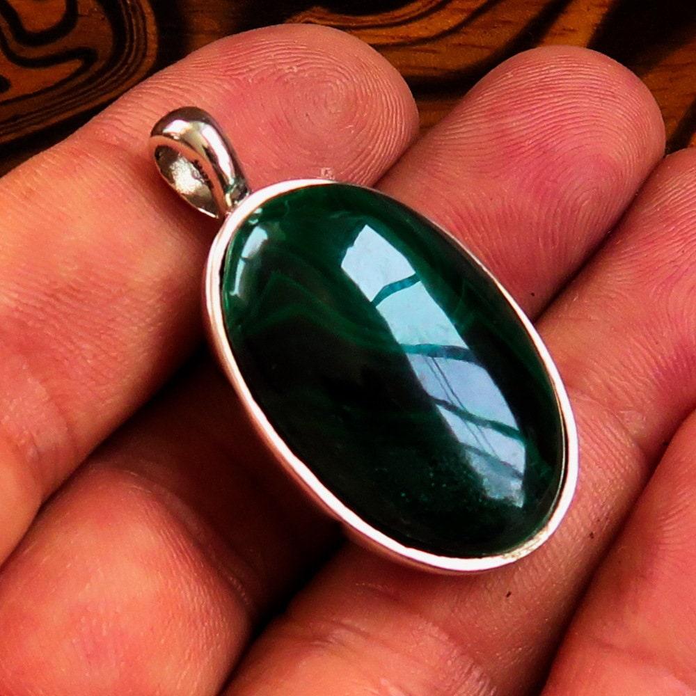 Natural Malachite Necklace, Sterling Silver Pendant, Oval shaped Pendant, green Malachite Cabochon, Minimalist necklace, Malachite Amulet-2