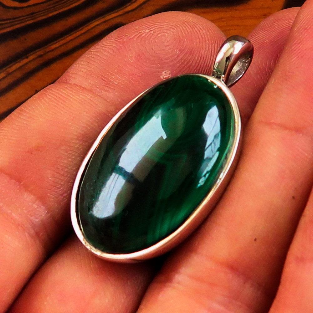 Natural Malachite Necklace, Sterling Silver Pendant, Oval shaped Pendant, green Malachite Cabochon, Minimalist necklace, Malachite Amulet-0