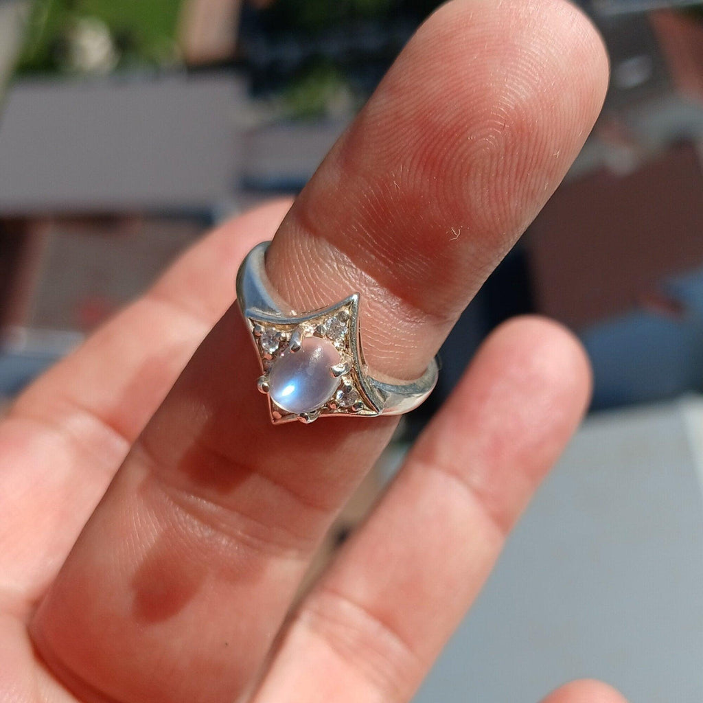 Moonstone Ring, Moonstone Silver Ring, Star shaped Ring, Sterling Silver Ring, oval shaped Ceylon Moonstone and 4 CZ handmade ring - Size 7-1