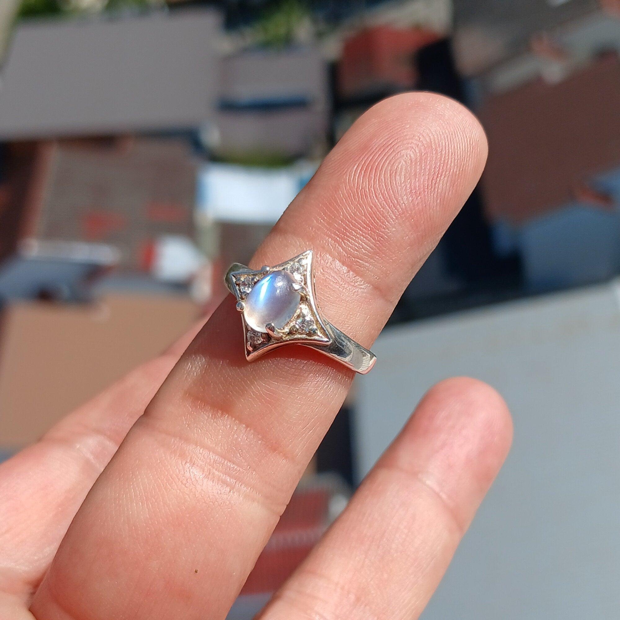 Moonstone Ring, Moonstone Silver Ring, Star shaped Ring, Sterling Silver Ring, oval shaped Ceylon Moonstone and 4 CZ handmade ring - Size 7-3