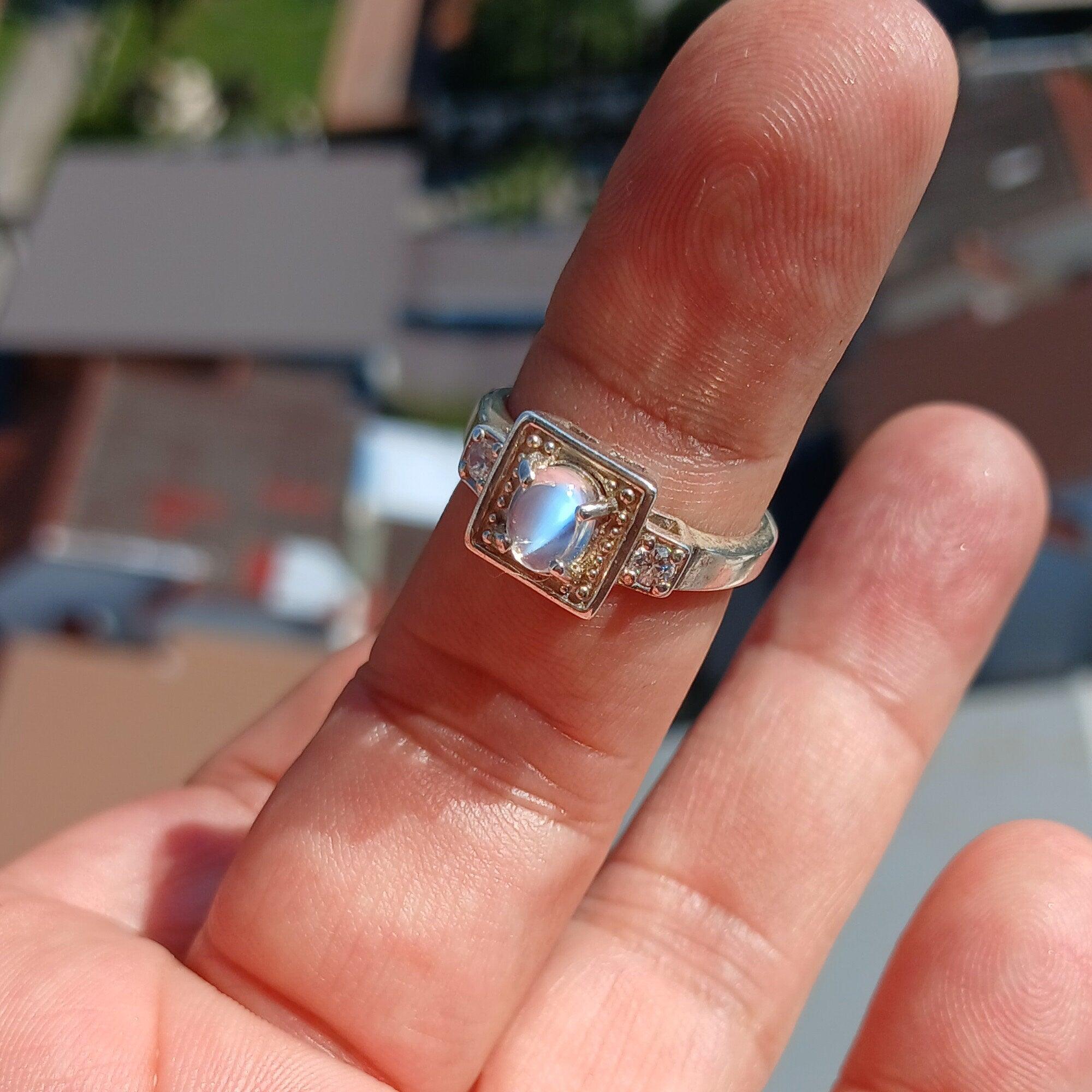 Moonstone Ring, Moonstone Silver Ring, Square shaped Ring, Sterling Silver Ring, oval shaped Ceylon Moonstone 2 CZ handmade ring - Size 7-0