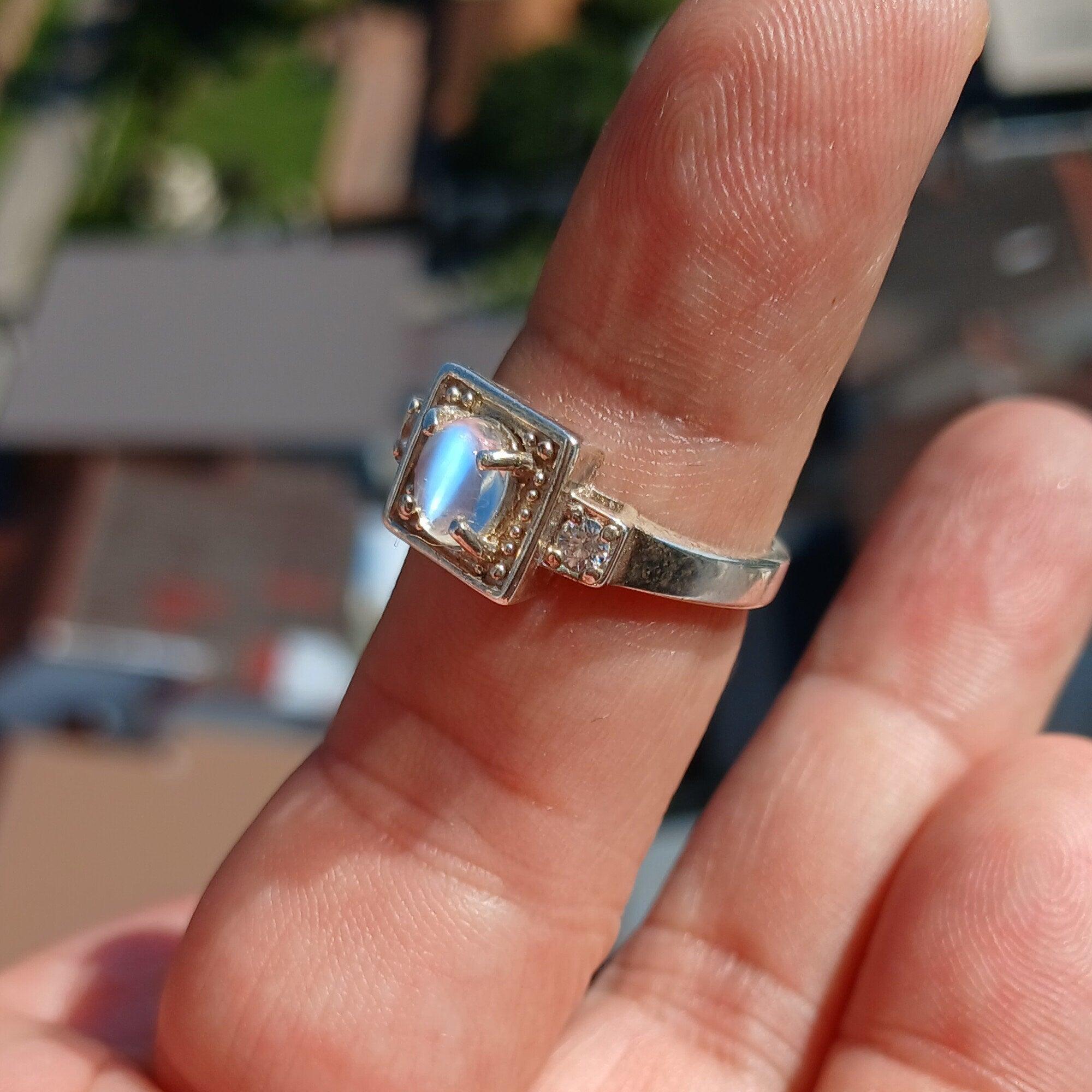 Moonstone Ring, Moonstone Silver Ring, Square shaped Ring, Sterling Silver Ring, oval shaped Ceylon Moonstone 2 CZ handmade ring - Size 7-2