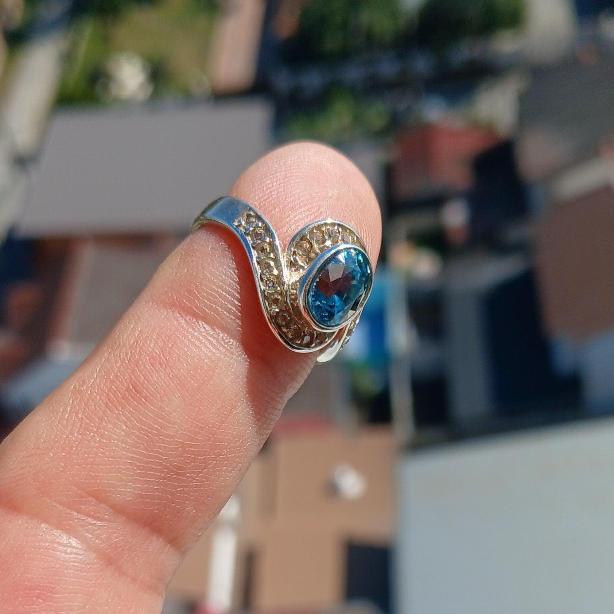Blue Zircon Ring, Natural Gemstone Ring, Sterling Silver Ring, Cocktail Ring, oval Cut Blue Zircon, 22 white CZ, gift for her - Size 5.5-3