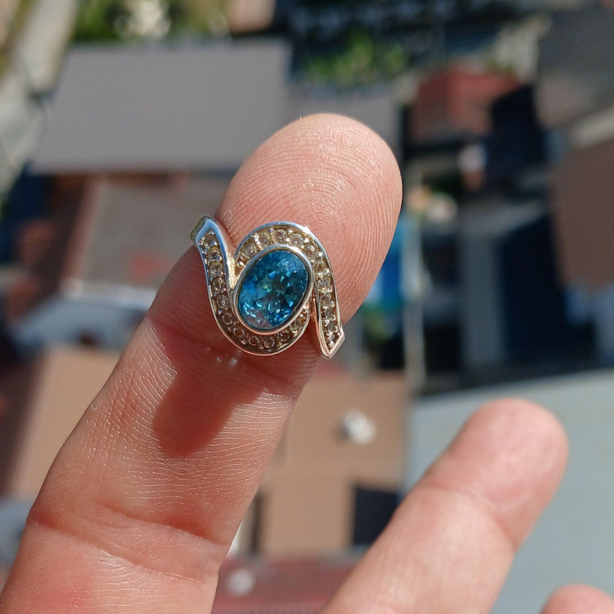 Blue Zircon Ring, Natural Gemstone Ring, Sterling Silver Ring, Cocktail Ring, oval Cut Blue Zircon, 22 white CZ, gift for her - Size 5.5-4