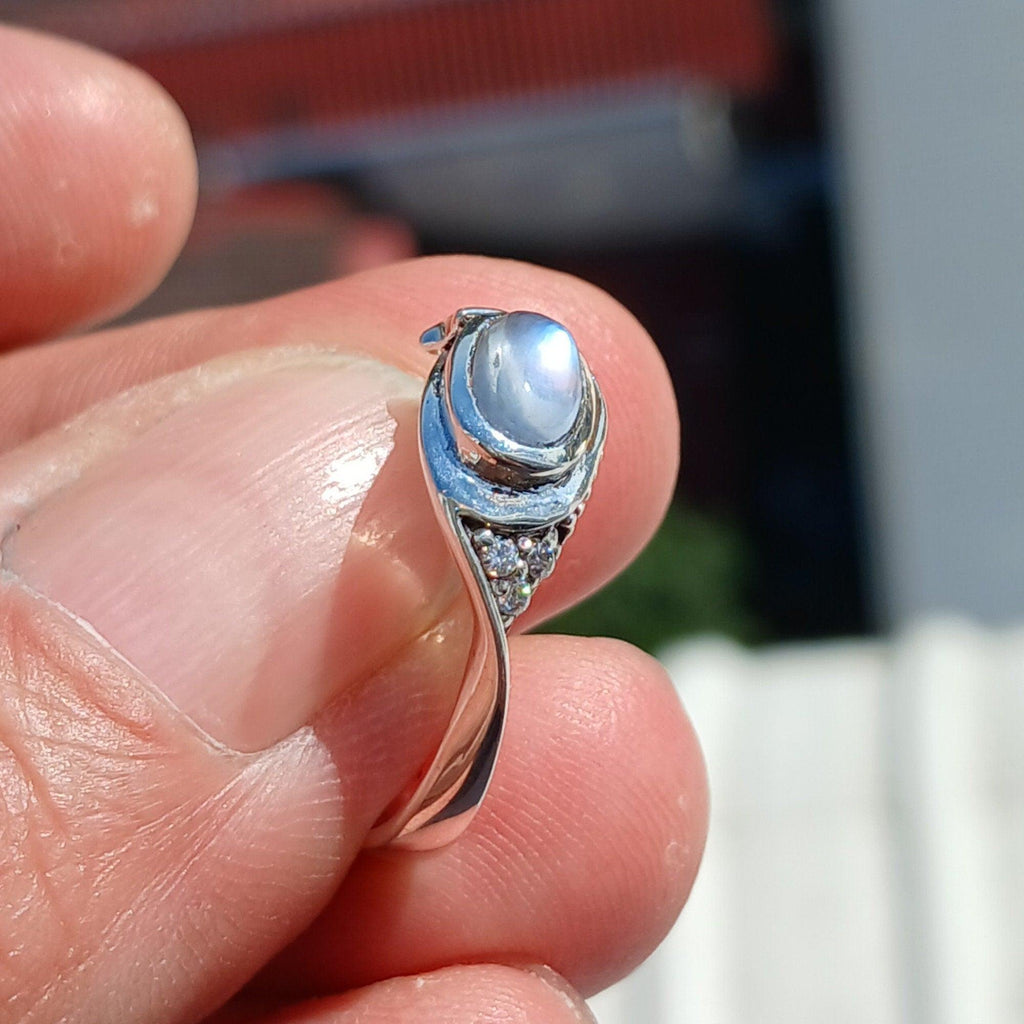 Moonstone Ring, Natural Gemstone Ring, Sterling Silver Ring, Solitaire Ring, oval Ceylon Moonstone, 4 CZ, moonstone jewelry, gift, Size 6.5-3