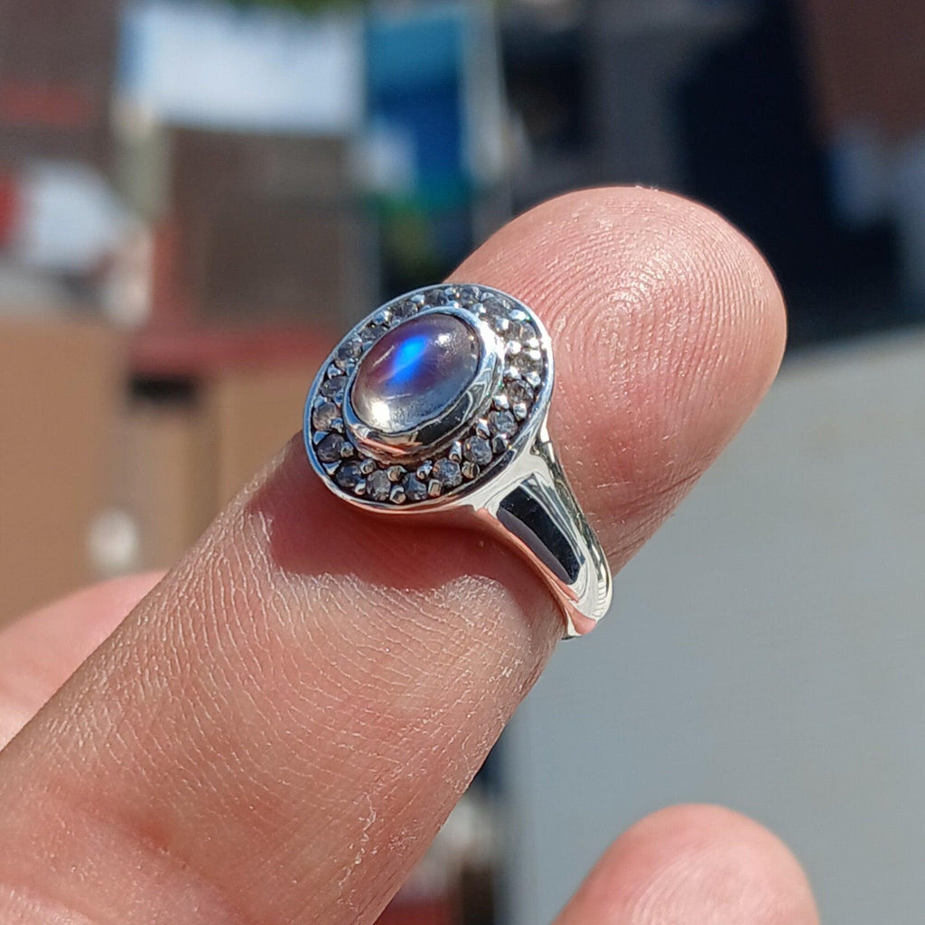 Natural Moonstone Ring, Gemstone Ring, Sterling Silver Ring, Solitaire Ring, oval Ceylon Moonstone, 18 CZ, moonstone jewelry, gift, Size 5.5-3
