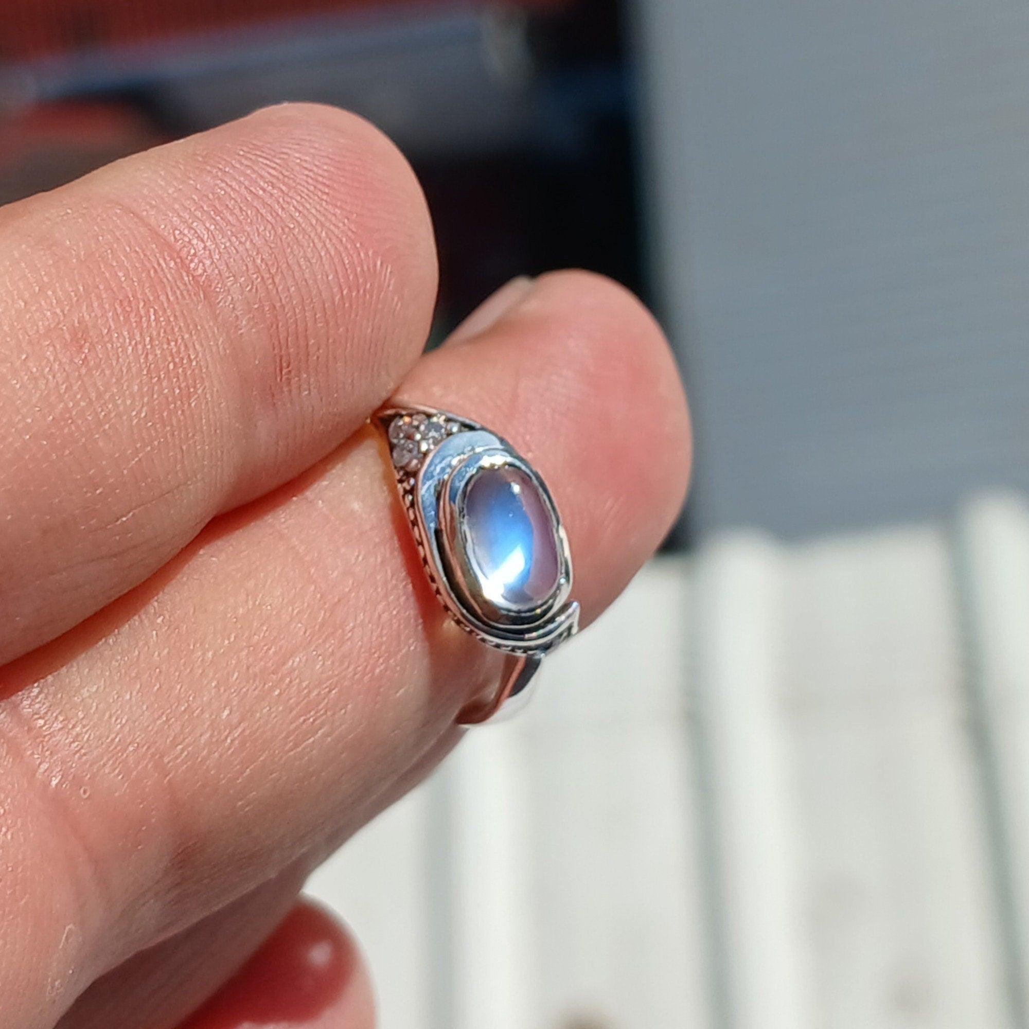 Moonstone Ring, Natural Gemstone Ring, Sterling Silver Ring, Solitaire Ring, oval Ceylon Moonstone, 4 CZ, moonstone jewelry, gift, Size 6.5-1