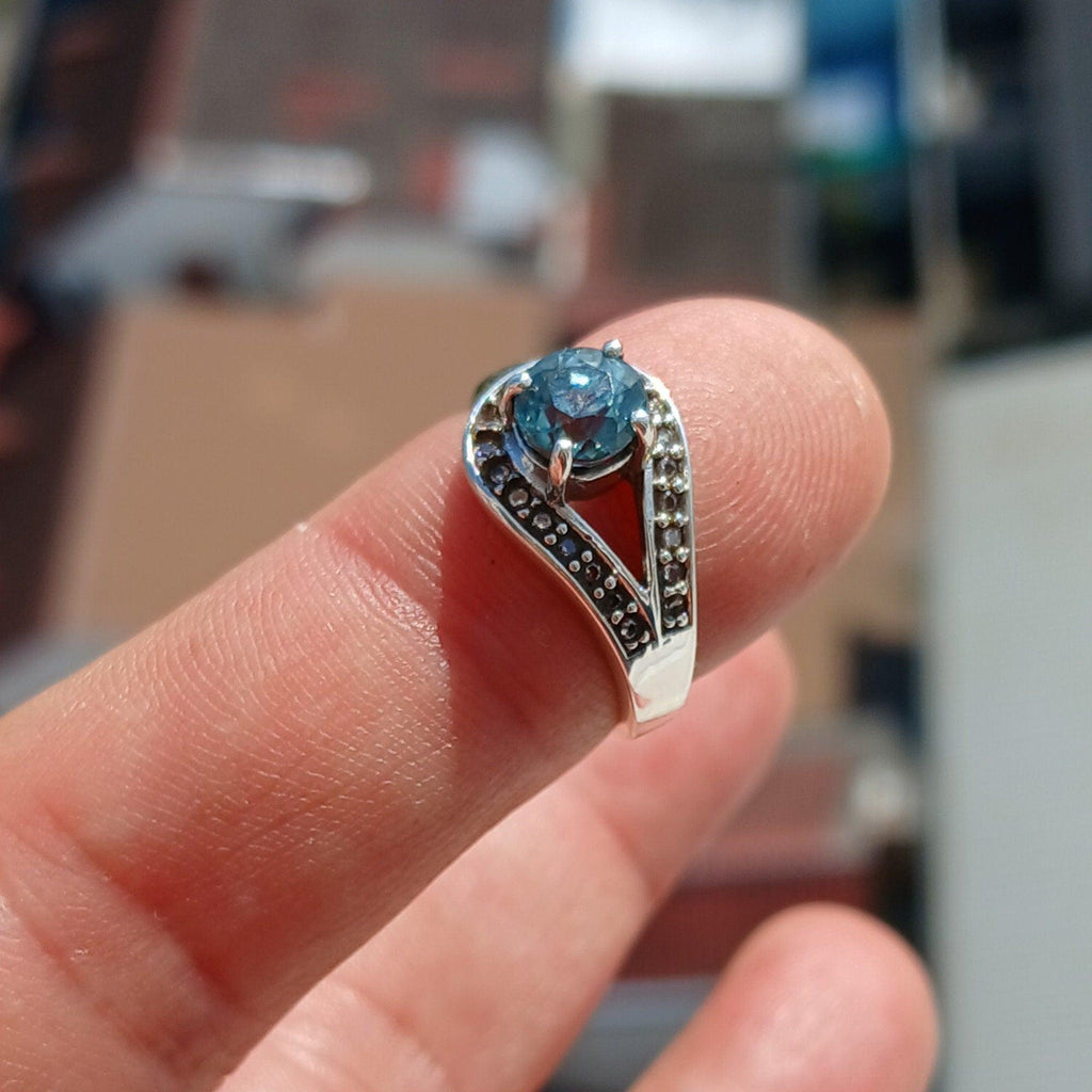 Natural Blue Zircon Ring, Gemstone Ring, Sterling Silver Ring, Solitaire Ring, Round Cut Blue Zircon and 21 CZ, gift for her - Size 5.5-1