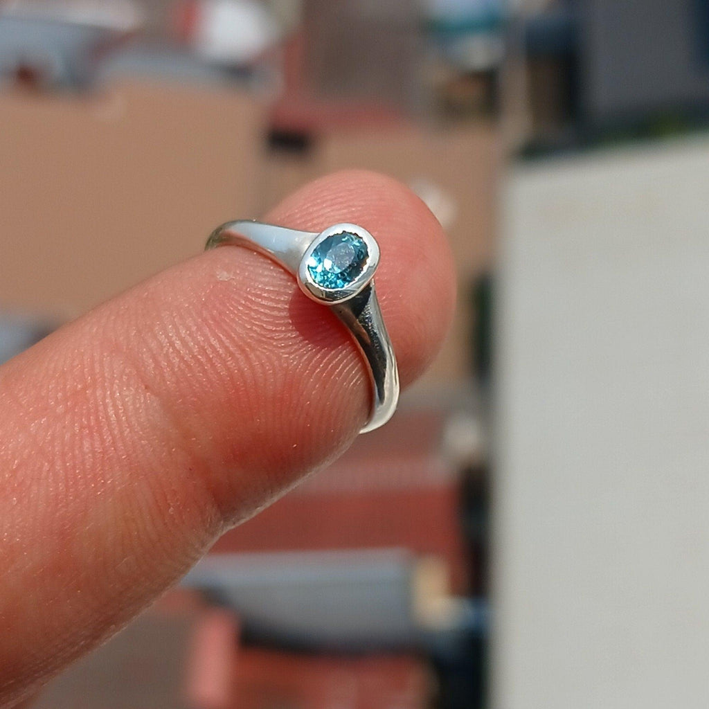Natural Blue Zircon Ring, Sterling Silver Ring, Blue Gemstone Ring, Solitaire Ring, Oval Natural Blue Zircon, Gift for Her, Unique Design - Size 4.5-1