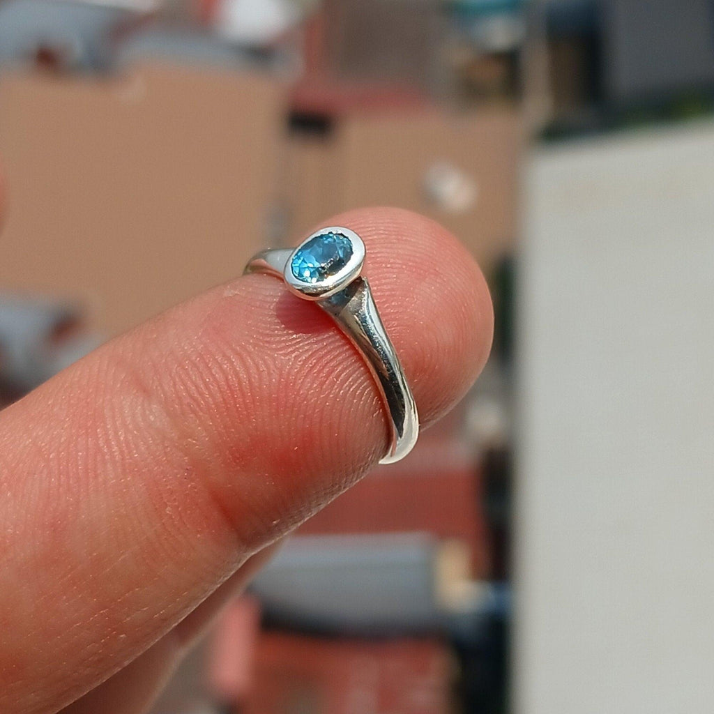 Natural Blue Zircon Ring, Sterling Silver Ring, Blue Gemstone Ring, Solitaire Ring, Oval Natural Blue Zircon, Gift for Her, Unique Design - Size 4.5-0