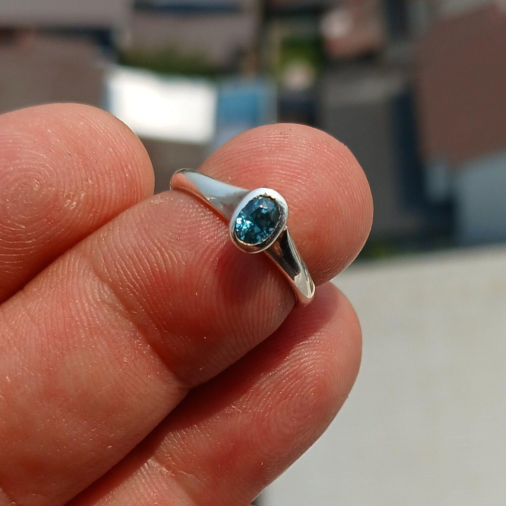 Natural Blue Zircon Ring, Sterling Silver Ring, Blue Gemstone Ring, Solitaire Ring, Oval Natural Blue Zircon, Gift for Her, Unique Design - Size 4.5-3