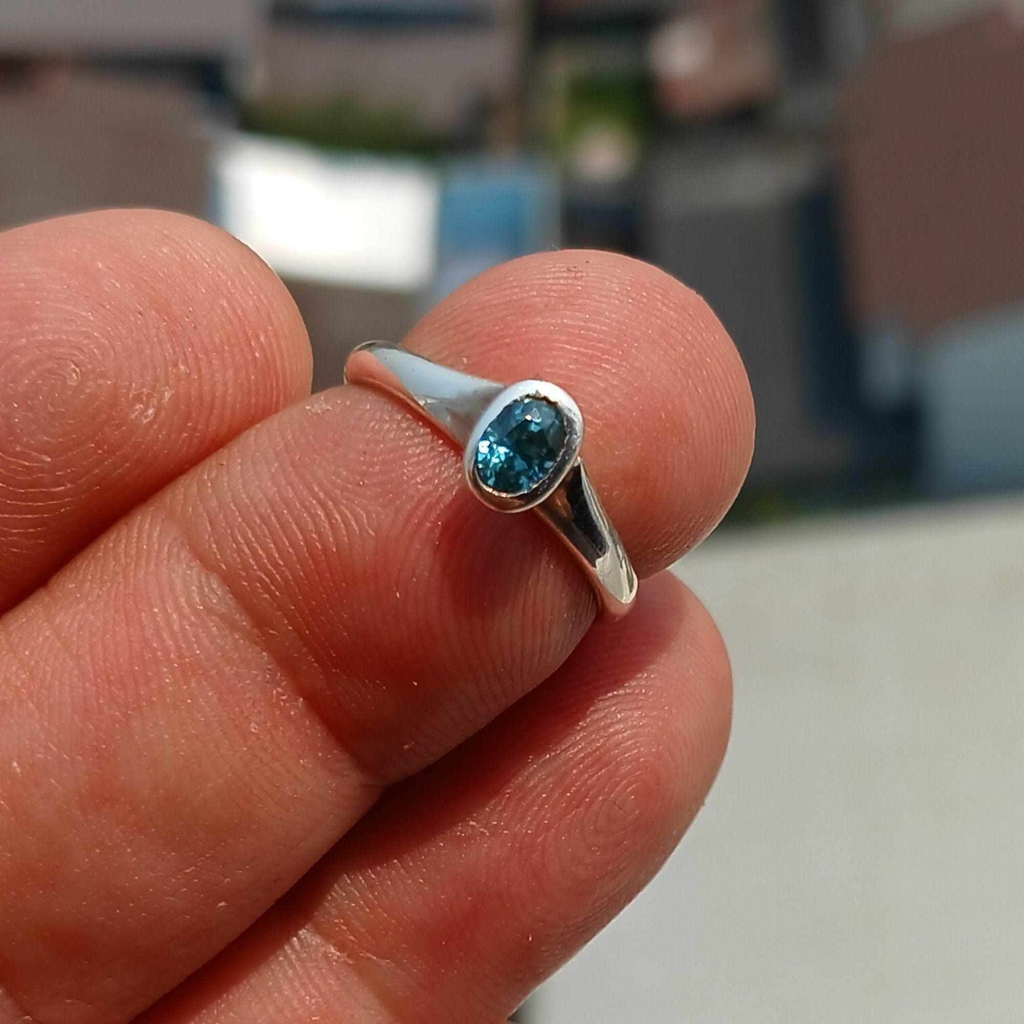 Natural Blue Zircon Ring, Sterling Silver Ring, Blue Gemstone Ring, Solitaire Ring, Oval Natural Blue Zircon, Gift for Her, Unique Design - Size 4.5-3