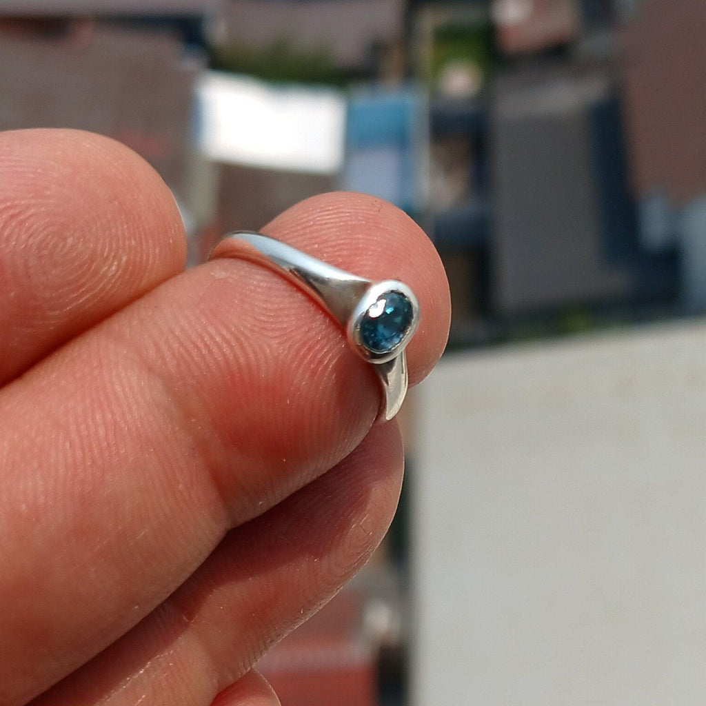 Natural Blue Zircon Ring, Sterling Silver Ring, Blue Gemstone Ring, Solitaire Ring, Oval Natural Blue Zircon, Gift for Her, Unique Design - Size 4.5-4