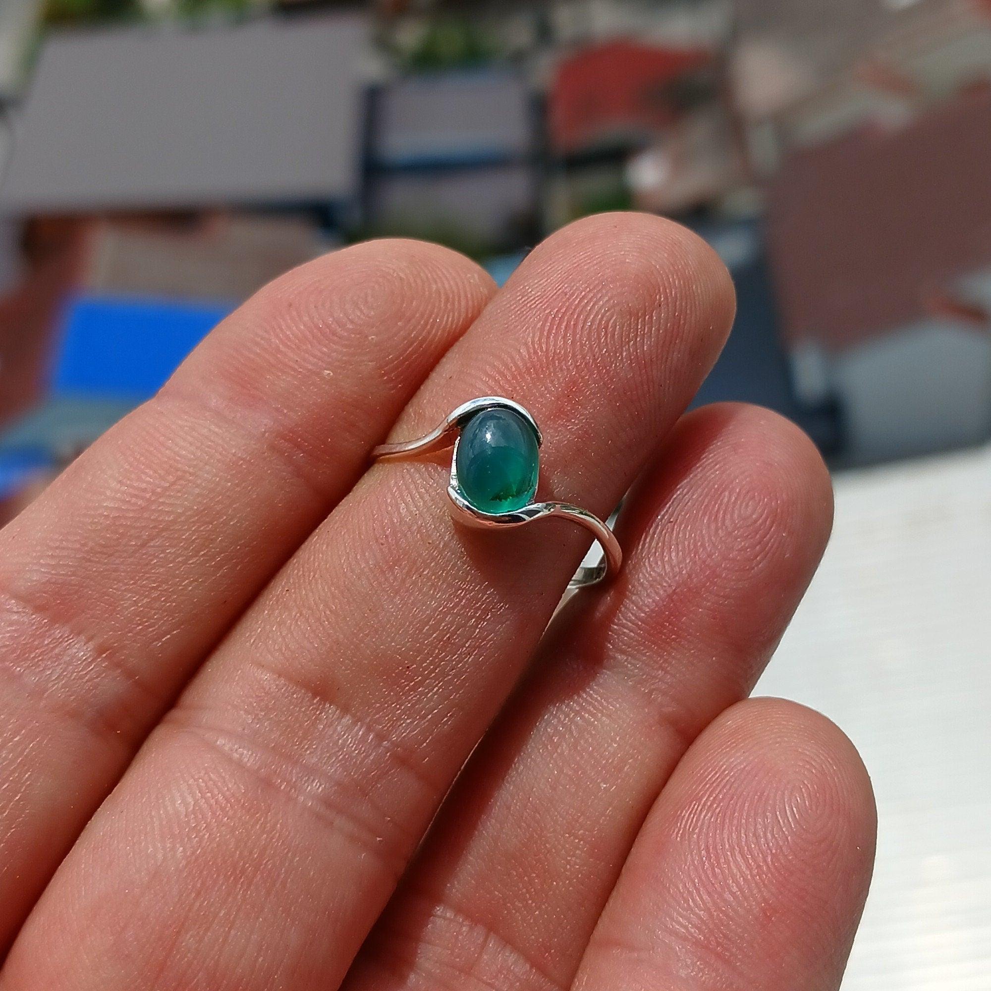 Green Agate Ring, Minimalist Silver Ring, Sterling Silver Ring, oval green Agate Cabochon, asymmetric silver ring, Gift for Her - Size 8.5-3